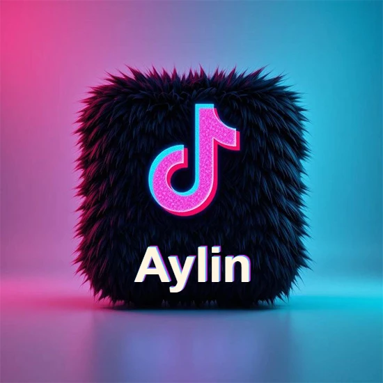 Cubo de pelaje negro oscuro con logotipo brillante de TikTok en fucsia y turquesa. Fondo degradado rosa y azul. Nombre destacado en blanco brillante en la base. Diseño con el nombre Aylin.