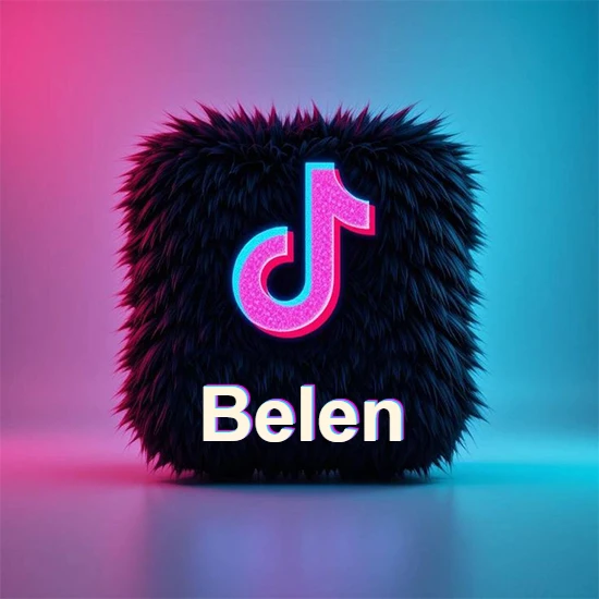 Cubo de pelaje negro oscuro con logotipo brillante de TikTok en fucsia y turquesa. Fondo degradado rosa y azul. Nombre destacado en blanco brillante en la base. Diseño con el nombre Belen.