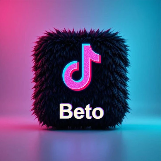 Cubo de pelaje negro oscuro con logotipo brillante de TikTok en fucsia y turquesa. Fondo degradado rosa y azul. Nombre destacado en blanco brillante en la base. Diseño con el nombre Beto.