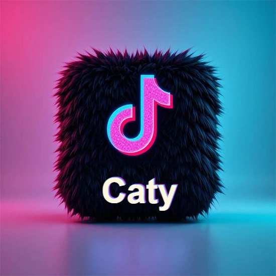 Cubo de pelaje negro oscuro con logotipo brillante de TikTok en fucsia y turquesa. Fondo degradado rosa y azul. Nombre destacado en blanco brillante en la base. Diseño con el nombre Caty.