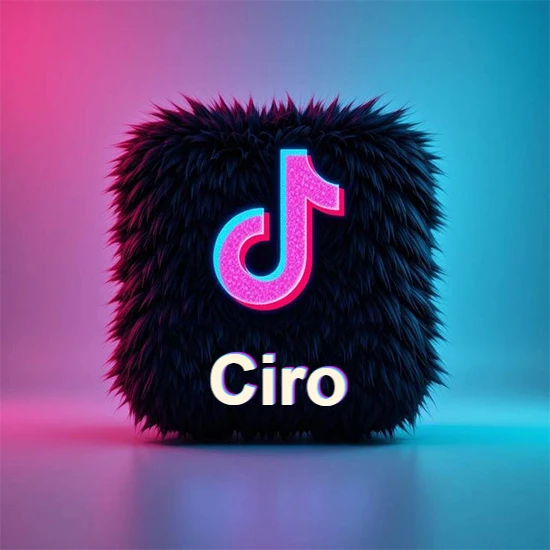 Cubo de pelaje negro oscuro con logotipo brillante de TikTok en fucsia y turquesa. Fondo degradado rosa y azul. Nombre destacado en blanco brillante en la base. Diseño con el nombre Ciro.
