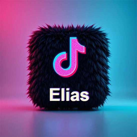 Cubo de pelaje negro oscuro con logotipo brillante de TikTok en fucsia y turquesa. Fondo degradado rosa y azul. Nombre destacado en blanco brillante en la base. Diseño con el nombre Elias.