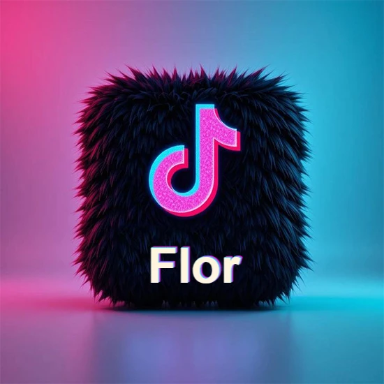 Cubo de pelaje negro oscuro con logotipo brillante de TikTok en fucsia y turquesa. Fondo degradado rosa y azul. Nombre destacado en blanco brillante en la base. Diseño con el nombre Flor.