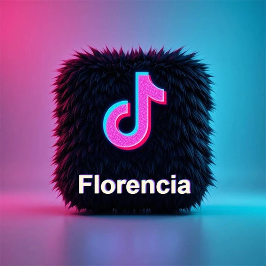 Cubo de pelaje negro oscuro con logotipo brillante de TikTok en fucsia y turquesa. Fondo degradado rosa y azul. Nombre destacado en blanco brillante en la base. Diseño con el nombre Florencia.