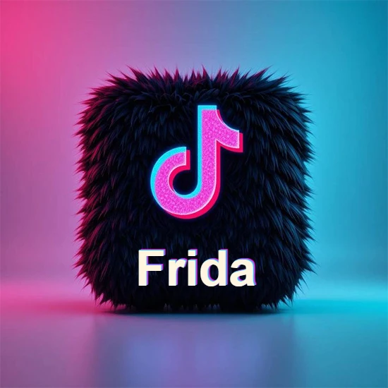 Cubo de pelaje negro oscuro con logotipo brillante de TikTok en fucsia y turquesa. Fondo degradado rosa y azul. Nombre destacado en blanco brillante en la base. Diseño con el nombre Frida.