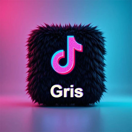 Cubo de pelaje negro oscuro con logotipo brillante de TikTok en fucsia y turquesa. Fondo degradado rosa y azul. Nombre destacado en blanco brillante en la base. Diseño con el nombre Gris. Cubo de pelaje negro oscuro con logotipo brillante de TikTok en fucsia y turquesa. Fondo degradado rosa y azul. Nombre destacado en blanco brillante en la base. Diseño con el nombre Gris.