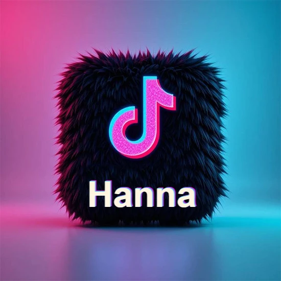 Cubo de pelaje negro oscuro con logotipo brillante de TikTok en fucsia y turquesa. Fondo degradado rosa y azul. Nombre destacado en blanco brillante en la base. Diseño con el nombre Hanna.