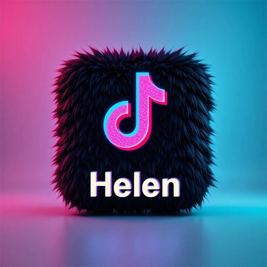 Cubo de pelaje negro oscuro con logotipo brillante de TikTok en fucsia y turquesa. Fondo degradado rosa y azul. Nombre destacado en blanco brillante en la base. Diseño con el nombre Helen.