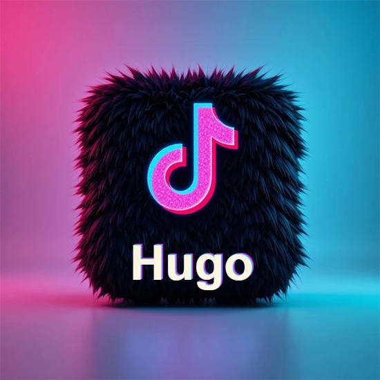 Cubo de pelaje negro oscuro con logotipo brillante de TikTok en fucsia y turquesa. Fondo degradado rosa y azul. Nombre destacado en blanco brillante en la base. Diseño con el nombre Hugo.