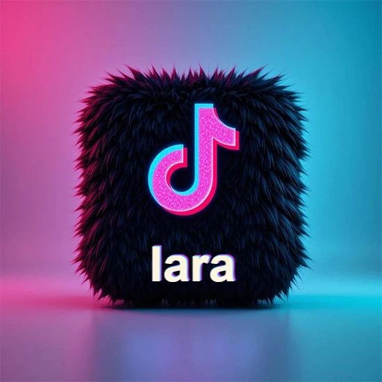 Cubo de pelaje negro oscuro con logotipo brillante de TikTok en fucsia y turquesa. Fondo degradado rosa y azul. Nombre destacado en blanco brillante en la base. Diseño con el nombre Iara.