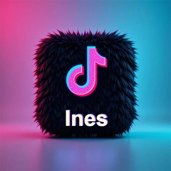Cubo de pelaje negro oscuro con logotipo brillante de TikTok en fucsia y turquesa. Fondo degradado rosa y azul. Nombre destacado en blanco brillante en la base. Diseño con el nombre Ines. Cubo de pelaje negro oscuro con logotipo brillante de TikTok en fucsia y turquesa. Fondo degradado rosa y azul. Nombre destacado en blanco brillante en la base. Diseño con el nombre Ines.