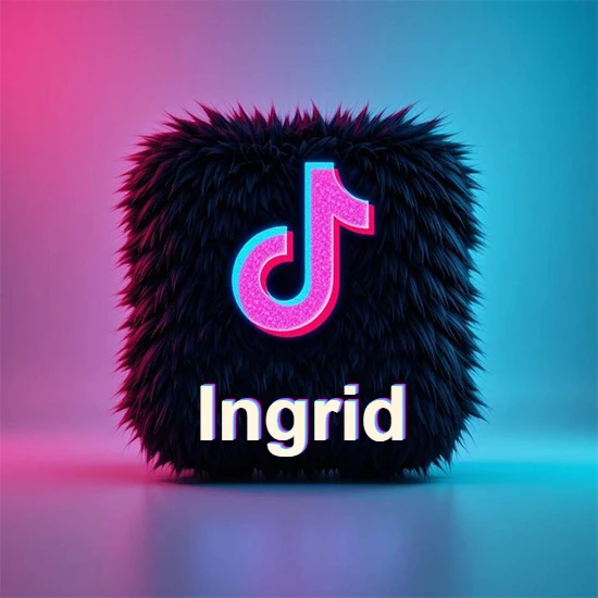 Cubo de pelaje negro oscuro con logotipo brillante de TikTok en fucsia y turquesa. Fondo degradado rosa y azul. Nombre destacado en blanco brillante en la base. Diseño con el nombre Ingrid. Cubo de pelaje negro oscuro con logotipo brillante de TikTok en fucsia y turquesa. Fondo degradado rosa y azul. Nombre destacado en blanco brillante en la base. Diseño con el nombre Ingrid.