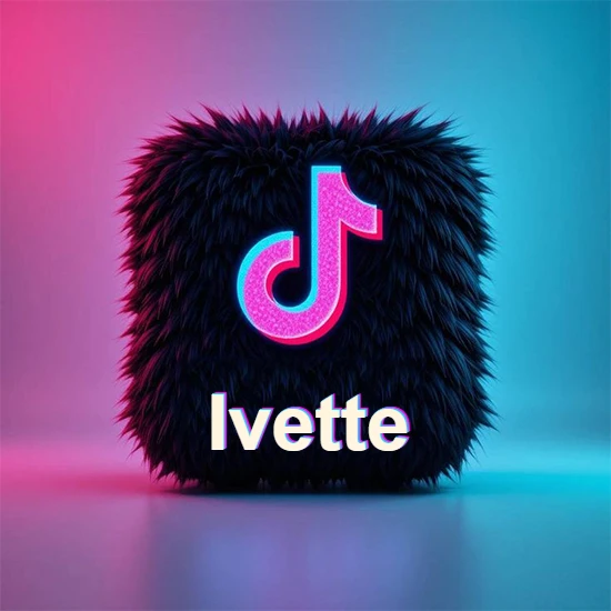 Cubo de pelaje negro oscuro con logotipo brillante de TikTok en fucsia y turquesa. Fondo degradado rosa y azul. Nombre destacado en blanco brillante en la base. Diseño con el nombre Ivette.