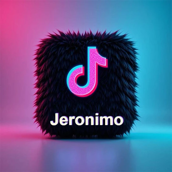 Cubo de pelaje negro oscuro con logotipo brillante de TikTok en fucsia y turquesa. Fondo degradado rosa y azul. Nombre destacado en blanco brillante en la base. Diseño con el nombre Jeronimo.