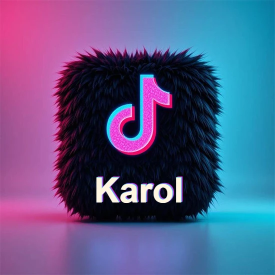 Cubo de pelaje negro oscuro con logotipo brillante de TikTok en fucsia y turquesa. Fondo degradado rosa y azul. Nombre destacado en blanco brillante en la base. Diseño con el nombre Karol.