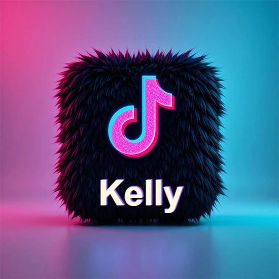 Cubo de pelaje negro oscuro con logotipo brillante de TikTok en fucsia y turquesa. Fondo degradado rosa y azul. Nombre destacado en blanco brillante en la base. Diseño con el nombre Kelly.