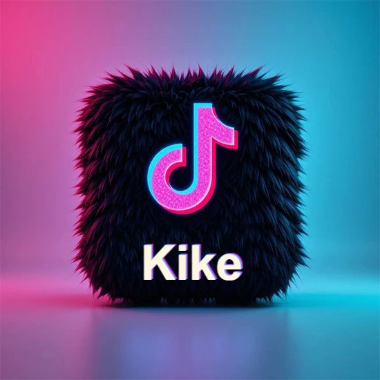 Cubo de pelaje negro oscuro con logotipo brillante de TikTok en fucsia y turquesa. Fondo degradado rosa y azul. Nombre destacado en blanco brillante en la base. Diseño con el nombre Kike. Cubo de pelaje negro oscuro con logotipo brillante de TikTok en fucsia y turquesa. Fondo degradado rosa y azul. Nombre destacado en blanco brillante en la base. Diseño con el nombre Kike.