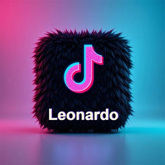 Cubo de pelaje negro oscuro con logotipo brillante de TikTok en fucsia y turquesa. Fondo degradado rosa y azul. Nombre destacado en blanco brillante en la base. Diseño con el nombre Leonardo.