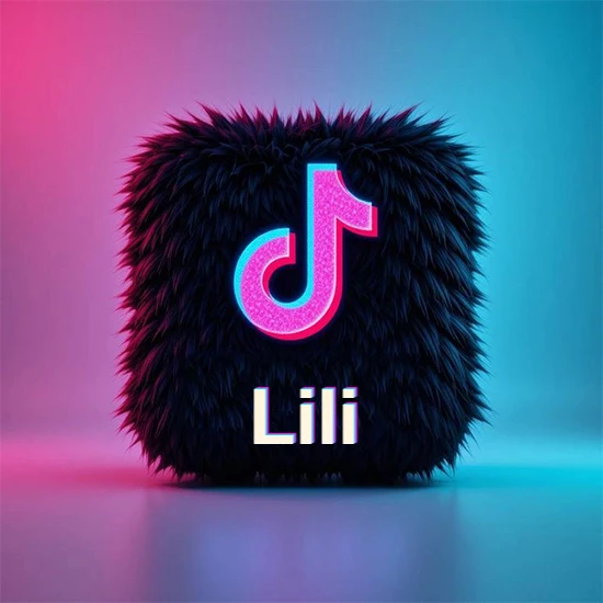 Cubo de pelaje negro oscuro con logotipo brillante de TikTok en fucsia y turquesa. Fondo degradado rosa y azul. Nombre destacado en blanco brillante en la base. Diseño con el nombre Lili.