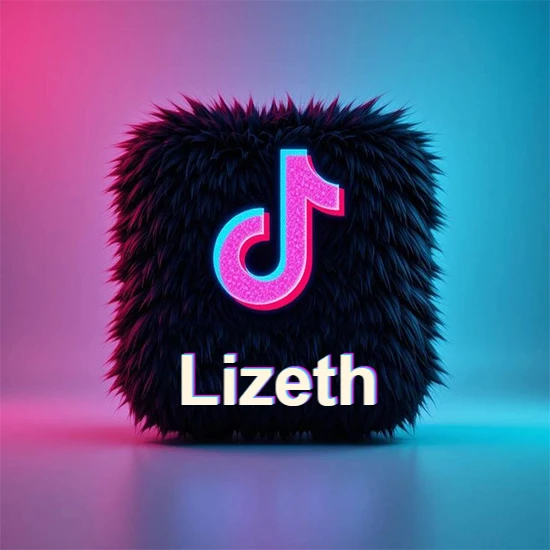 Cubo de pelaje negro oscuro con logotipo brillante de TikTok en fucsia y turquesa. Fondo degradado rosa y azul. Nombre destacado en blanco brillante en la base. Diseño con el nombre Lizeth. Cubo de pelaje negro oscuro con logotipo brillante de TikTok en fucsia y turquesa. Fondo degradado rosa y azul. Nombre destacado en blanco brillante en la base. Diseño con el nombre Lizeth.