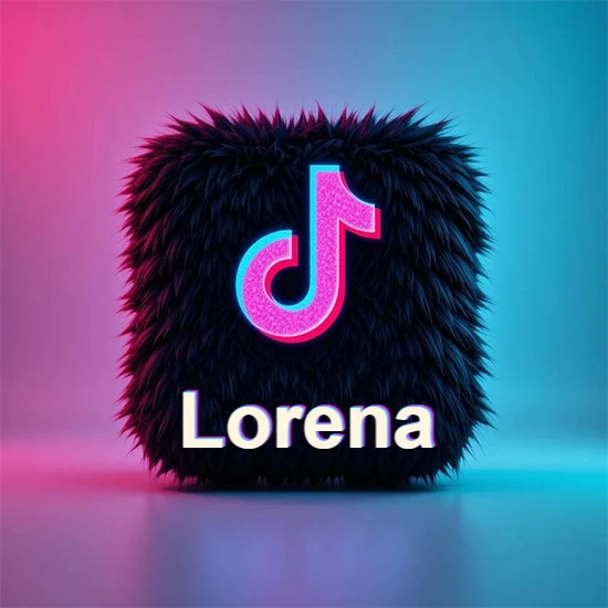 Cubo de pelaje negro oscuro con logotipo brillante de TikTok en fucsia y turquesa. Fondo degradado rosa y azul. Nombre destacado en blanco brillante en la base. Diseño con el nombre Lorena.