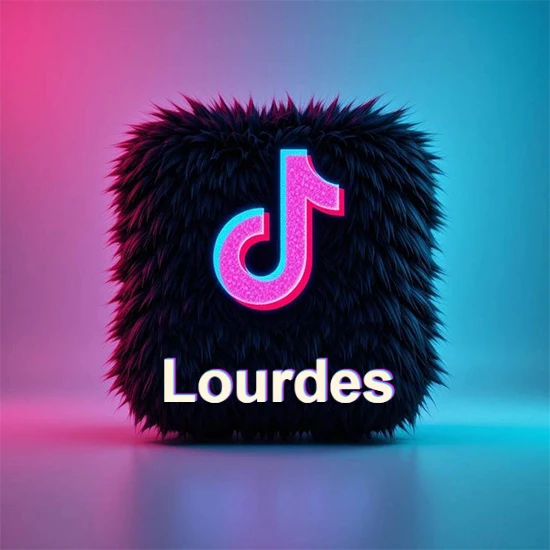 Cubo de pelaje negro oscuro con logotipo brillante de TikTok en fucsia y turquesa. Fondo degradado rosa y azul. Nombre destacado en blanco brillante en la base. Diseño con el nombre Lourdes.