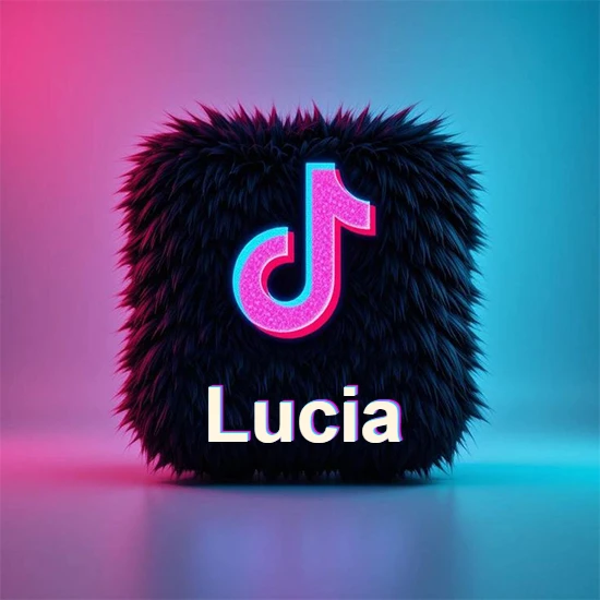 Cubo de pelaje negro oscuro con logotipo brillante de TikTok en fucsia y turquesa. Fondo degradado rosa y azul. Nombre destacado en blanco brillante en la base. Diseño con el nombre Lucia.