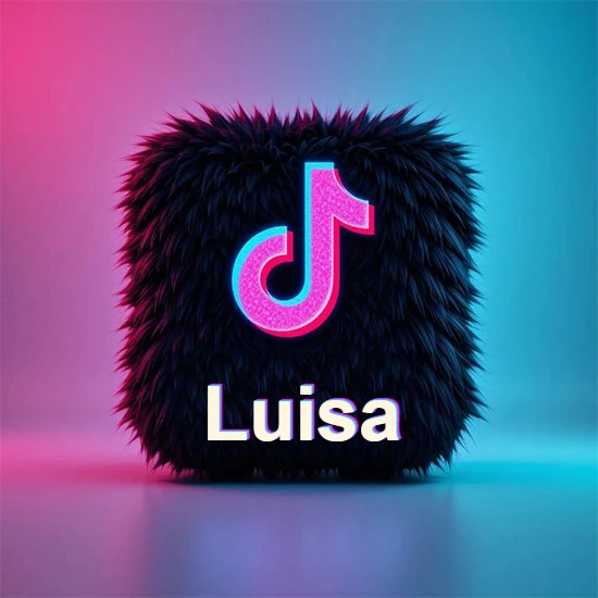 Cubo de pelaje negro oscuro con logotipo brillante de TikTok en fucsia y turquesa. Fondo degradado rosa y azul. Nombre destacado en blanco brillante en la base. Diseño con el nombre Luisa.