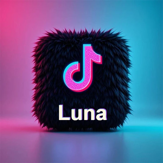 Cubo de pelaje negro oscuro con logotipo brillante de TikTok en fucsia y turquesa. Fondo degradado rosa y azul. Nombre destacado en blanco brillante en la base. Diseño con el nombre Luna.