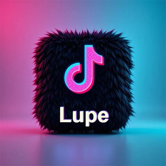 Cubo de pelaje negro oscuro con logotipo brillante de TikTok en fucsia y turquesa. Fondo degradado rosa y azul. Nombre destacado en blanco brillante en la base. Diseño con el nombre Lupe.