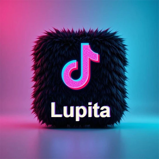 Cubo de pelaje negro oscuro con logotipo brillante de TikTok en fucsia y turquesa. Fondo degradado rosa y azul. Nombre destacado en blanco brillante en la base. Diseño con el nombre Lupita.