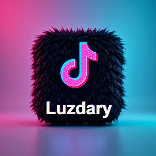 Cubo de pelaje negro oscuro con logotipo brillante de TikTok en fucsia y turquesa. Fondo degradado rosa y azul. Nombre destacado en blanco brillante en la base. Diseño con el nombre Luzdary.