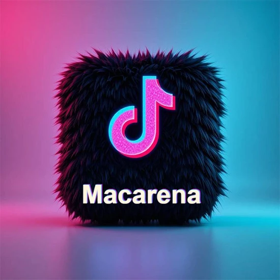 Cubo de pelaje negro oscuro con logotipo brillante de TikTok en fucsia y turquesa. Fondo degradado rosa y azul. Nombre destacado en blanco brillante en la base. Diseño con el nombre Macarena.
