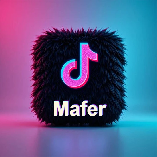 Cubo de pelaje negro oscuro con logotipo brillante de TikTok en fucsia y turquesa. Fondo degradado rosa y azul. Nombre destacado en blanco brillante en la base. Diseño con el nombre Mafer. Cubo de pelaje negro oscuro con logotipo brillante de TikTok en fucsia y turquesa. Fondo degradado rosa y azul. Nombre destacado en blanco brillante en la base. Diseño con el nombre Mafer.