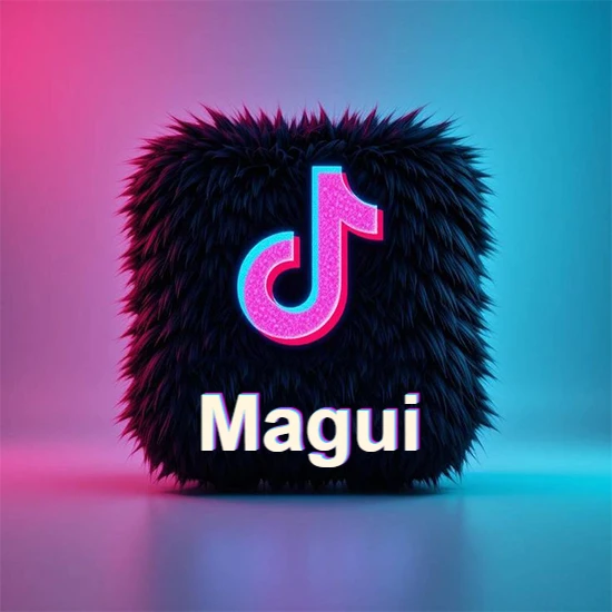 Cubo de pelaje negro oscuro con logotipo brillante de TikTok en fucsia y turquesa. Fondo degradado rosa y azul. Nombre destacado en blanco brillante en la base. Diseño con el nombre Magui.