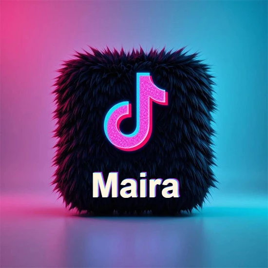 Cubo de pelaje negro oscuro con logotipo brillante de TikTok en fucsia y turquesa. Fondo degradado rosa y azul. Nombre destacado en blanco brillante en la base. Diseño con el nombre Maira.