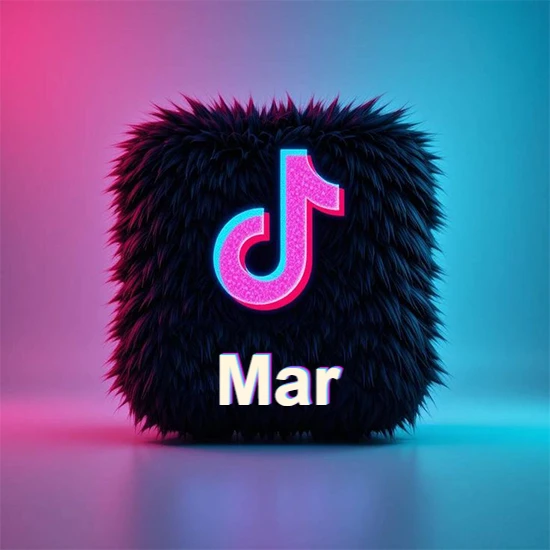 Cubo de pelaje negro oscuro con logotipo brillante de TikTok en fucsia y turquesa. Fondo degradado rosa y azul. Nombre destacado en blanco brillante en la base. Diseño con el nombre Mar.