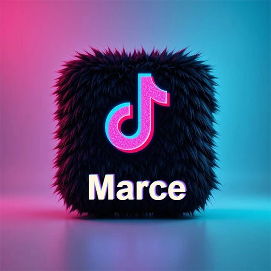Cubo de pelaje negro oscuro con logotipo brillante de TikTok en fucsia y turquesa. Fondo degradado rosa y azul. Nombre destacado en blanco brillante en la base. Diseño con el nombre Marce.