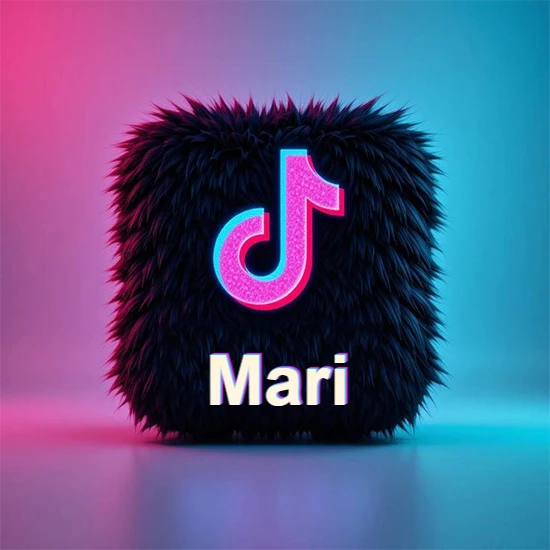 Cubo de pelaje negro oscuro con logotipo brillante de TikTok en fucsia y turquesa. Fondo degradado rosa y azul. Nombre destacado en blanco brillante en la base. Diseño con el nombre Mari.