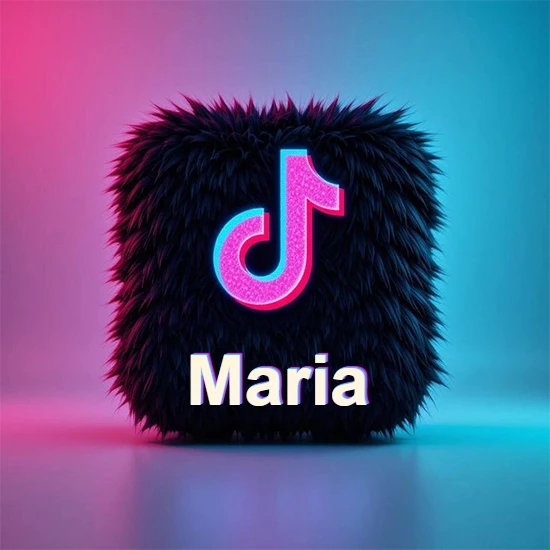 Cubo de pelaje negro oscuro con logotipo brillante de TikTok en fucsia y turquesa. Fondo degradado rosa y azul. Nombre destacado en blanco brillante en la base. Diseño con el nombre Maria.