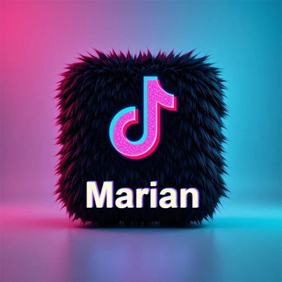 Cubo de pelaje negro oscuro con logotipo brillante de TikTok en fucsia y turquesa. Fondo degradado rosa y azul. Nombre destacado en blanco brillante en la base. Diseño con el nombre Marian.