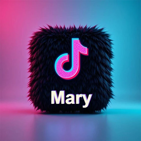 Cubo de pelaje negro oscuro con logotipo brillante de TikTok en fucsia y turquesa. Fondo degradado rosa y azul. Nombre destacado en blanco brillante en la base. Diseño con el nombre Mary.