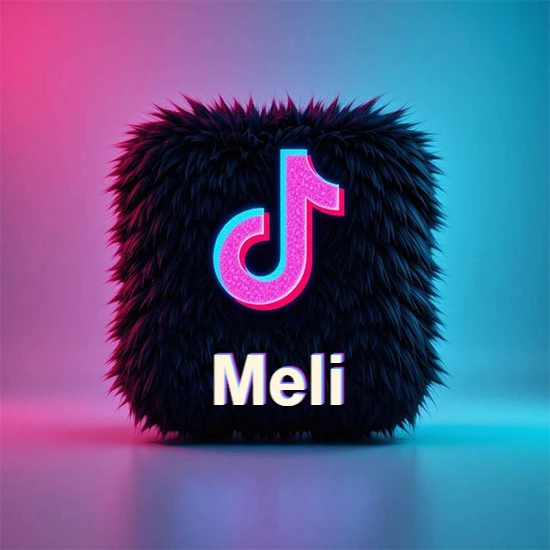 Cubo de pelaje negro oscuro con logotipo brillante de TikTok en fucsia y turquesa. Fondo degradado rosa y azul. Nombre destacado en blanco brillante en la base. Diseño con el nombre Meli.