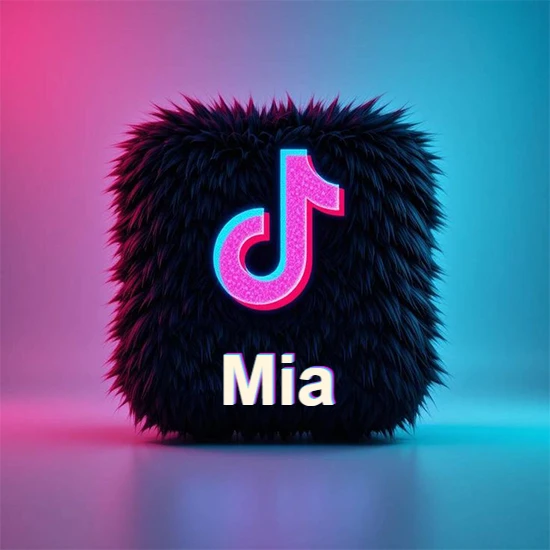 Cubo de pelaje negro oscuro con logotipo brillante de TikTok en fucsia y turquesa. Fondo degradado rosa y azul. Nombre destacado en blanco brillante en la base. Diseño con el nombre Mia.