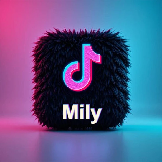 Cubo de pelaje negro oscuro con logotipo brillante de TikTok en fucsia y turquesa. Fondo degradado rosa y azul. Nombre destacado en blanco brillante en la base. Diseño con el nombre Mily.