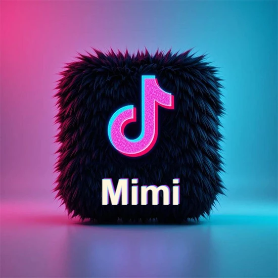 Cubo de pelaje negro oscuro con logotipo brillante de TikTok en fucsia y turquesa. Fondo degradado rosa y azul. Nombre destacado en blanco brillante en la base. Diseño con el nombre Mimi.
