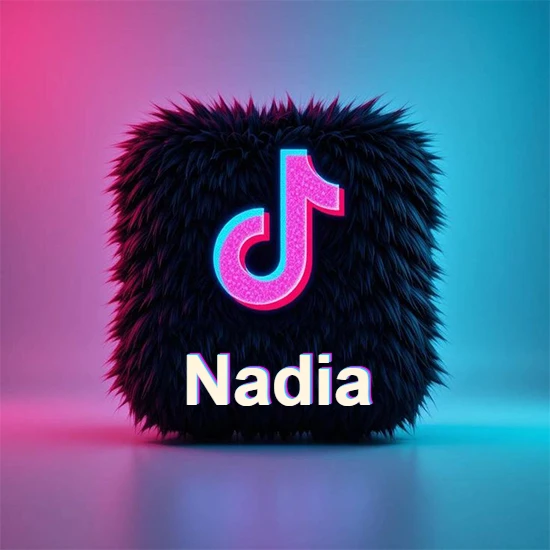 Cubo de pelaje negro oscuro con logotipo brillante de TikTok en fucsia y turquesa. Fondo degradado rosa y azul. Nombre destacado en blanco brillante en la base. Diseño con el nombre Nadia. Cubo de pelaje negro oscuro con logotipo brillante de TikTok en fucsia y turquesa. Fondo degradado rosa y azul. Nombre destacado en blanco brillante en la base. Diseño con el nombre Nadia.