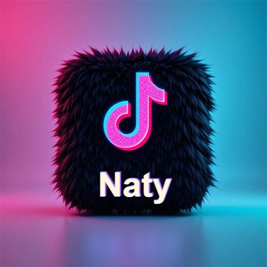 Cubo de pelaje negro oscuro con logotipo brillante de TikTok en fucsia y turquesa. Fondo degradado rosa y azul. Nombre destacado en blanco brillante en la base. Diseño con el nombre Naty.