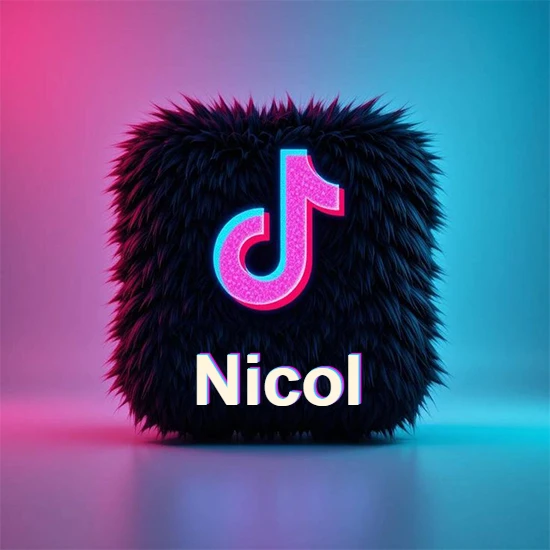Cubo de pelaje negro oscuro con logotipo brillante de TikTok en fucsia y turquesa. Fondo degradado rosa y azul. Nombre destacado en blanco brillante en la base. Diseño con el nombre Nicol.
