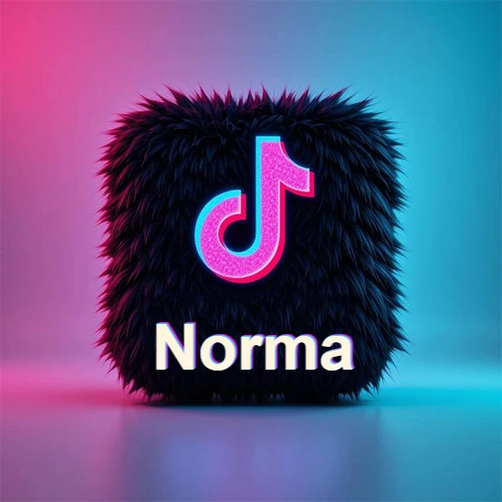 Cubo de pelaje negro oscuro con logotipo brillante de TikTok en fucsia y turquesa. Fondo degradado rosa y azul. Nombre destacado en blanco brillante en la base. Diseño con el nombre Norma.